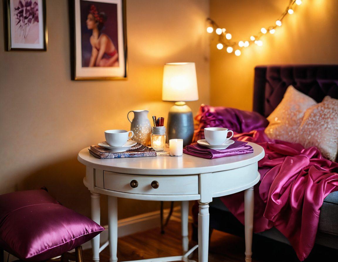A cozy, intimate setting featuring a softly lit room adorned with colorful silk fabrics and plush pillows. A stylish, handcrafted table is set with various DIY adult content items like artistic props, tastefully arranged adult toys, and sensual accessories, all inviting exploration. Two silhouettes, playfully interacting, symbolize connection and creativity in the craft of intimacy. The background has a gentle bokeh effect, enhancing the warm atmosphere. romantic, vibrant colors, soft lighting.