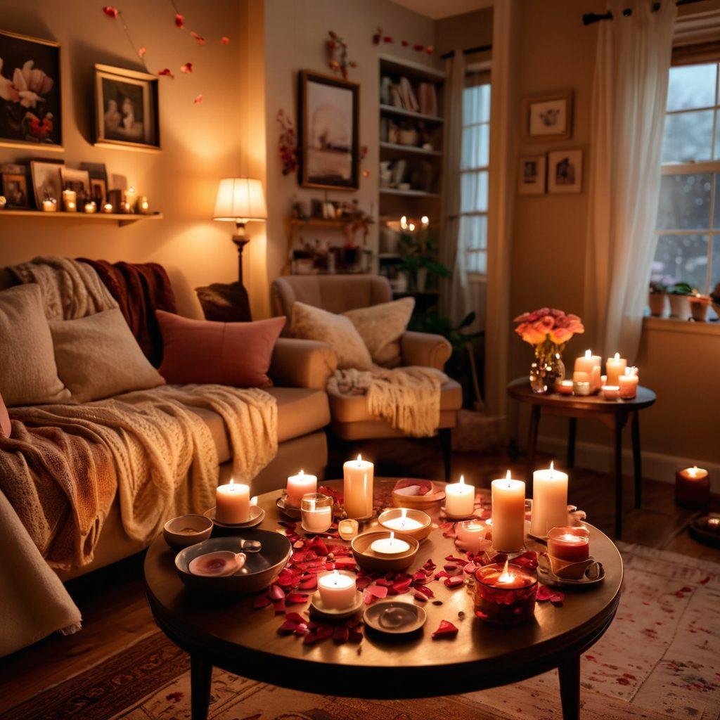 A cozy, softly lit living room with a couple crafting intimate decorations together, surrounded by candles, rose petals, and handmade items. The atmosphere feels warm and inviting, emphasizing creativity and connection. Include elements like art supplies, a vision board, and a cup of tea on a table to enhance the personal touch. super-realistic. warm colors. soft focus.