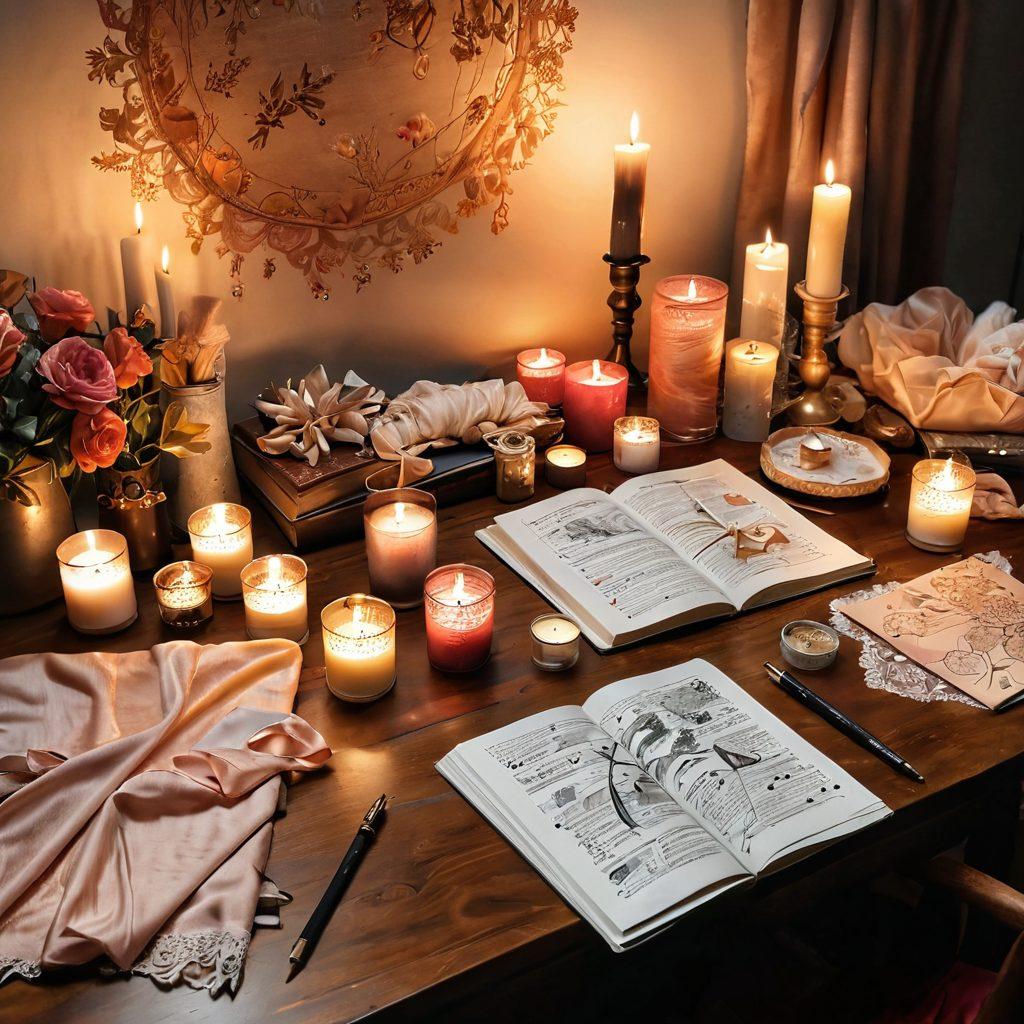 A cozy, intimate workspace illuminated by soft ambient lighting, showcasing various romantic and sexy craft materials like silk fabric, lace, and candles spread across a wooden table. In the background, an open notebook with sketches of design ideas and a pair of hands delicately assembling a romantic gift. Add elements of creativity with scattered art supplies and a warm color palette. super-realistic. soft lighting. warm colors.